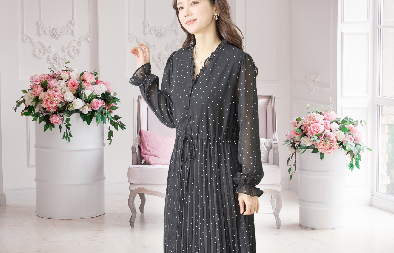 amie studio ドット柄 シフォン プリーツワンピース【M~L】ブラック