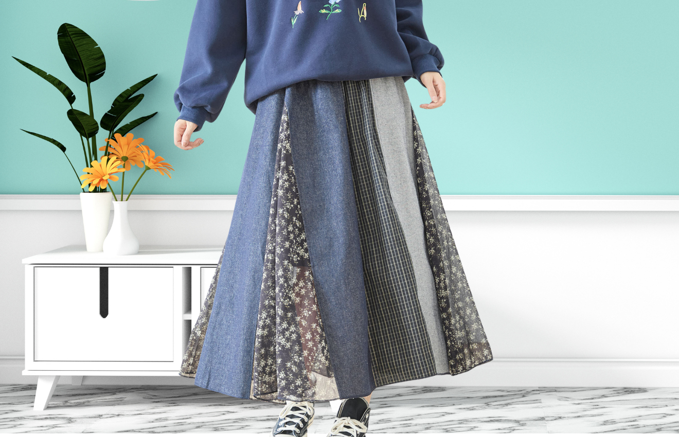 TRUBE パッチワークフレアスカート【M~L】 デニムブルー