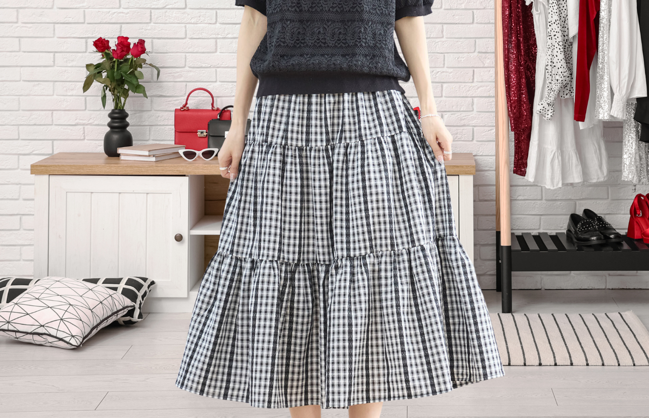 TRUBE レースライン入りギンガムチェックティアードスカート【M~L】ブラック