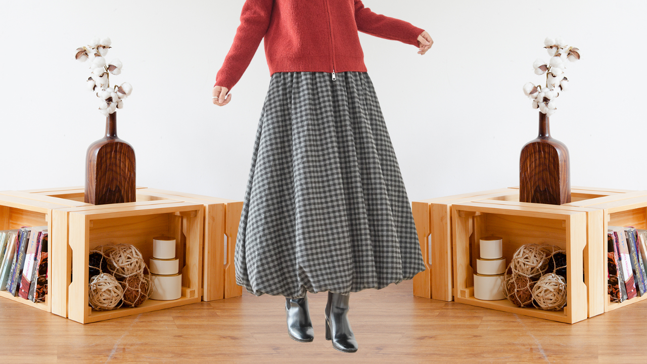 スカート ウールティストチェック柄バルーンスカート ウエスト総ゴム 裏地あり M~L TRUBE 2