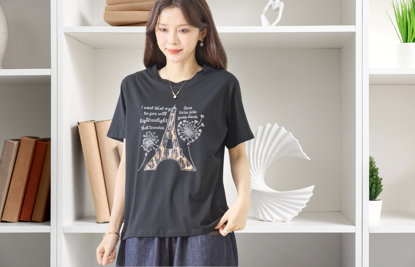 TRUBE エッフェル塔モチーフプリントTシャツN12-1054【M~L】ブラック