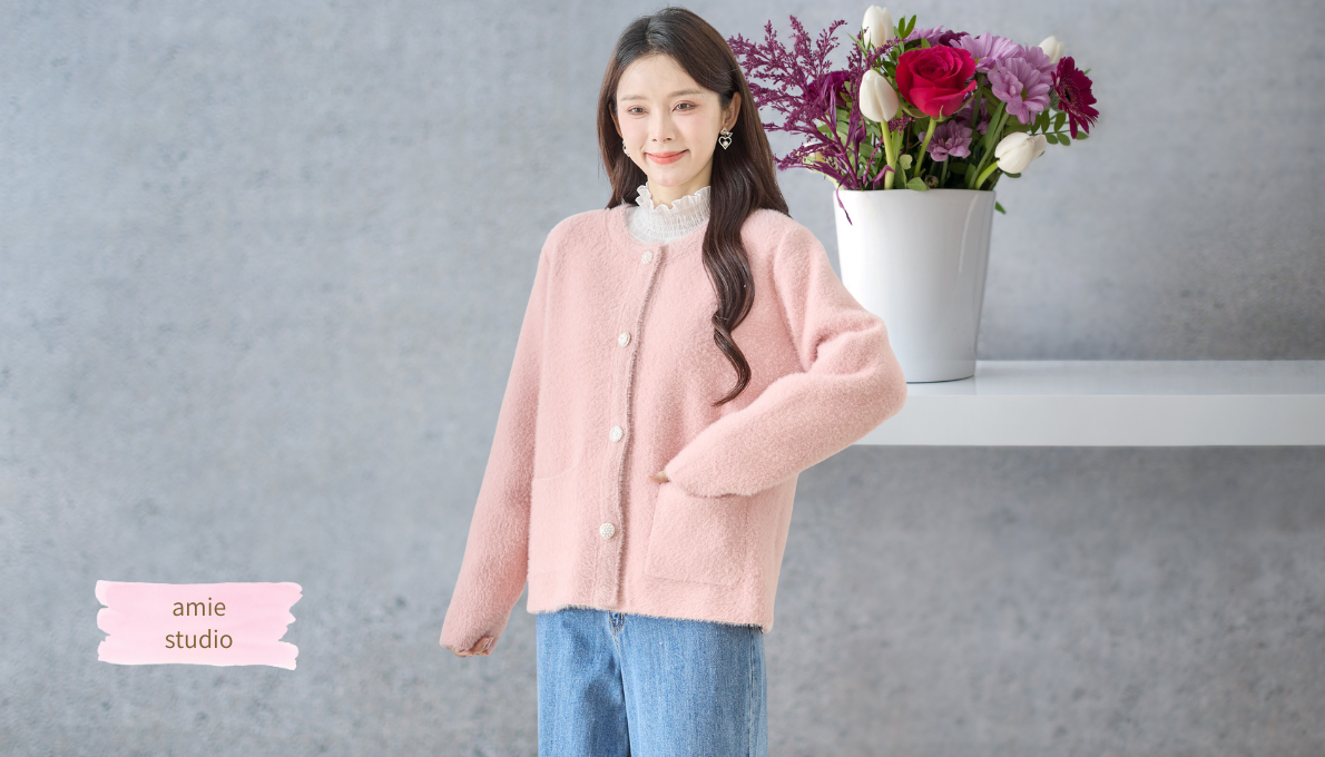 おしゃれボタン シャギーニットカーディガン ビンク 【M~L】　春秋冬