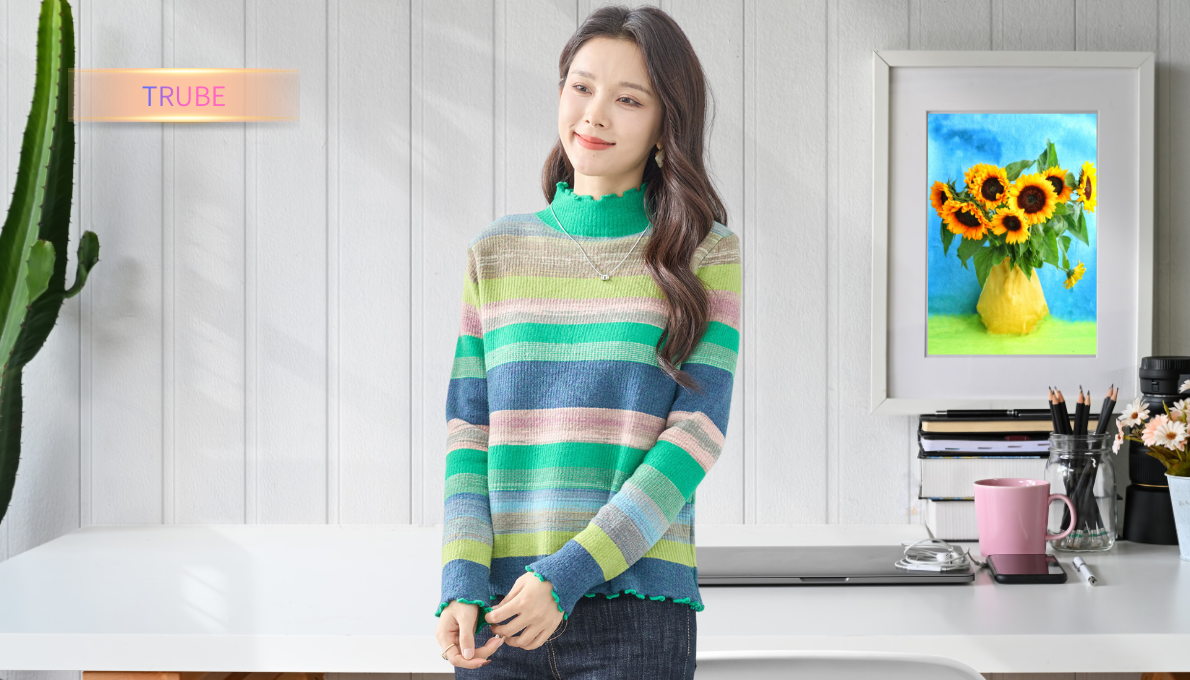 セーター マルチカラーボーダーニット【M~L】 グリーン 秋冬春レディース