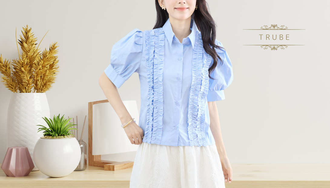 TRUBE【2025新作】【M〜L】パフスリーブフリルデザインシャツ
