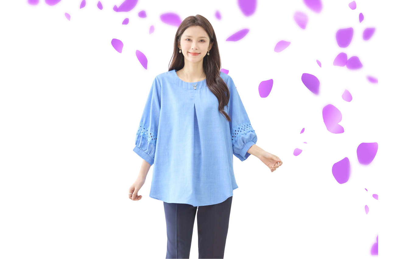 TRUBE 袖レース切替カラーブラウス【L~LL】スカイブルー