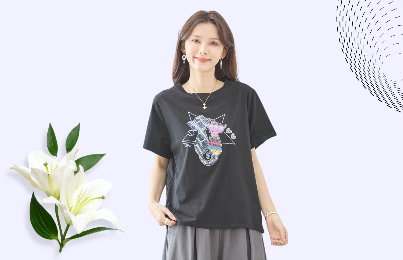 TRUBE ラインストーンデコ可愛いペアーの猫Tシャツ【L~LL】ブラック