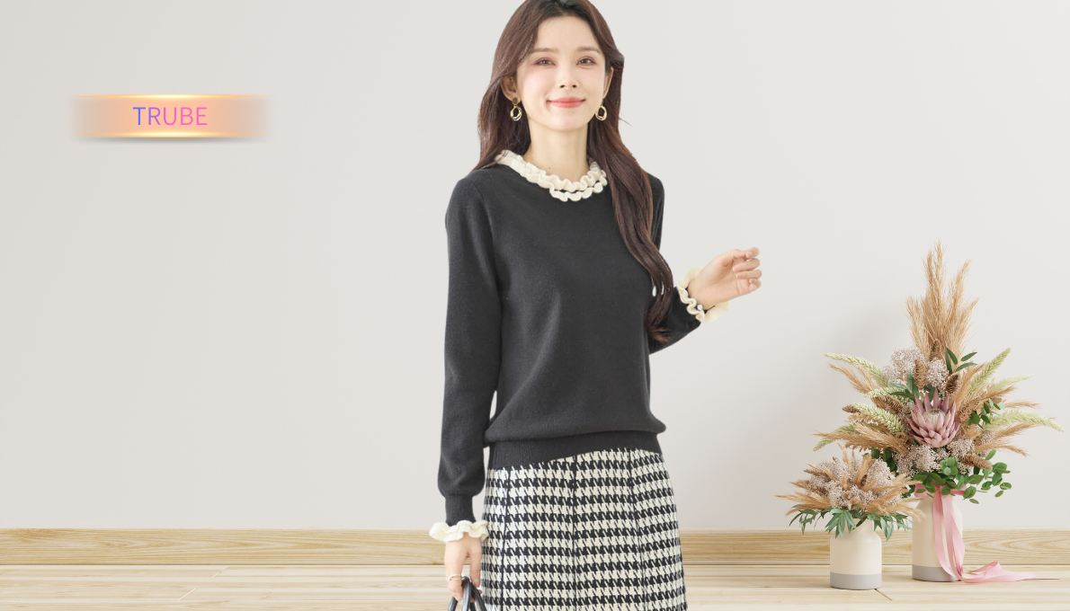 セーター ネック袖口配色リブメロウフリル ニットトップス 【M~L】秋冬春