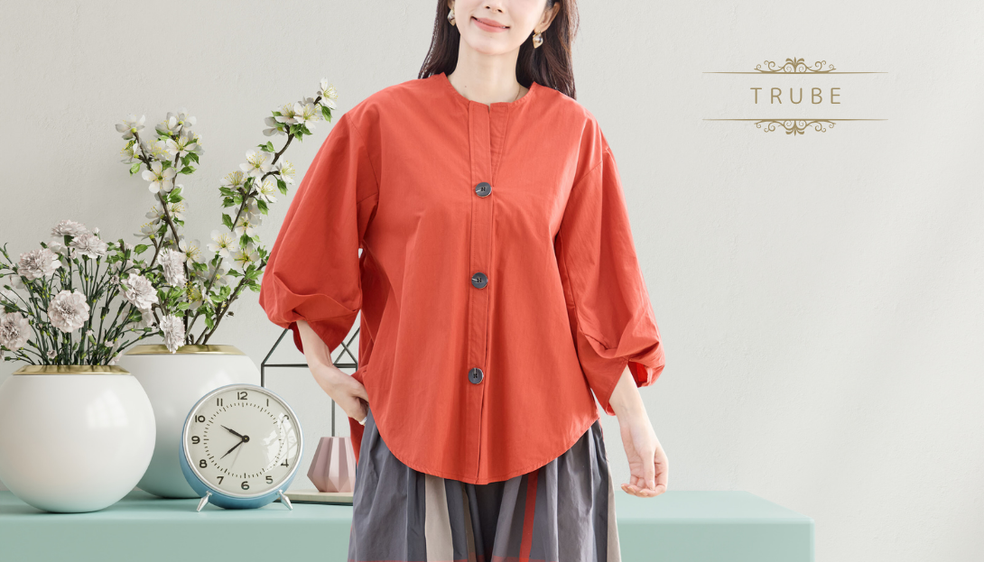 TRUBE【2025新作】【M〜L】ボリュームスリーブラウンドヘムコットンシャツ オレンジ
