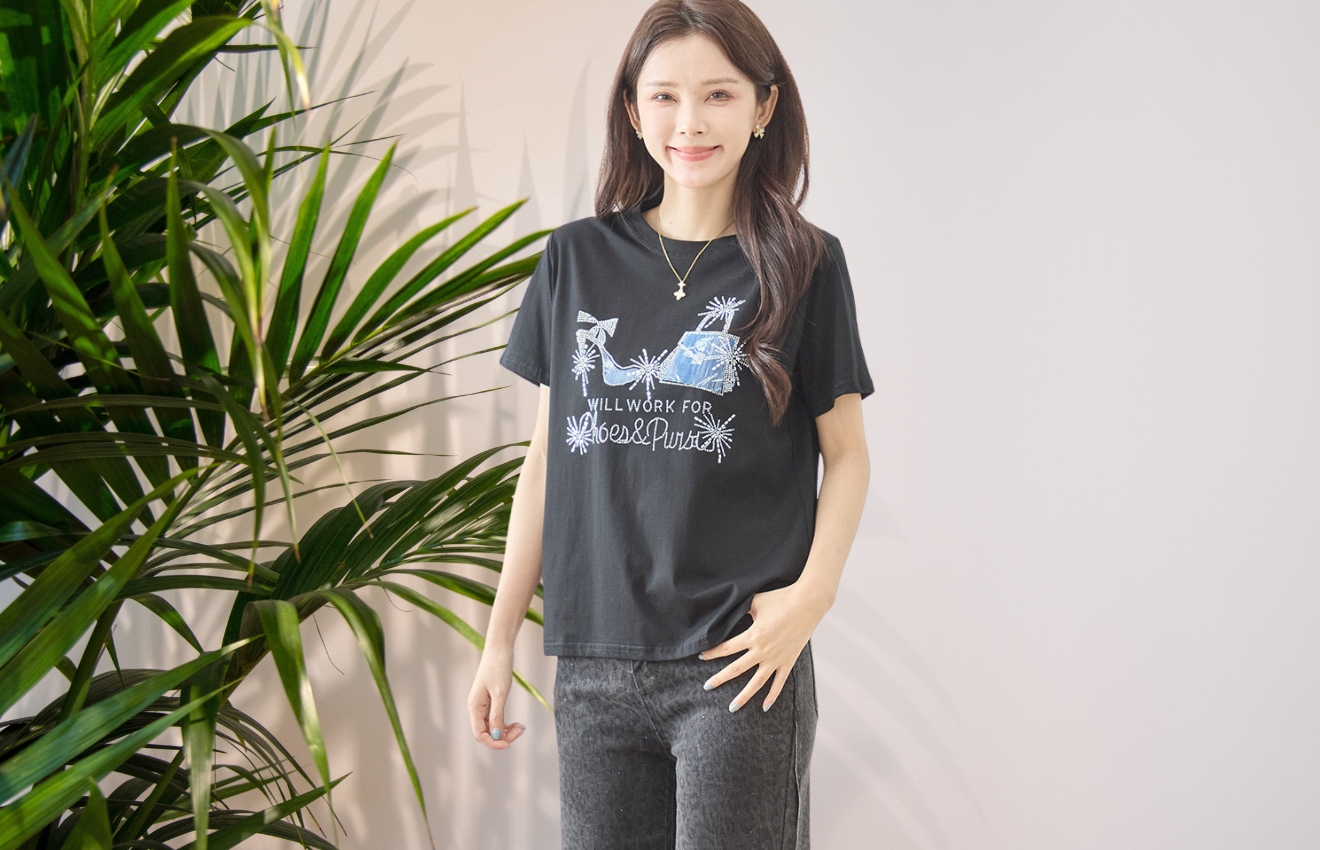 TRUBE デコビジューハイヒール＆バッグ柄Tシャツ 【M~L】ブラック