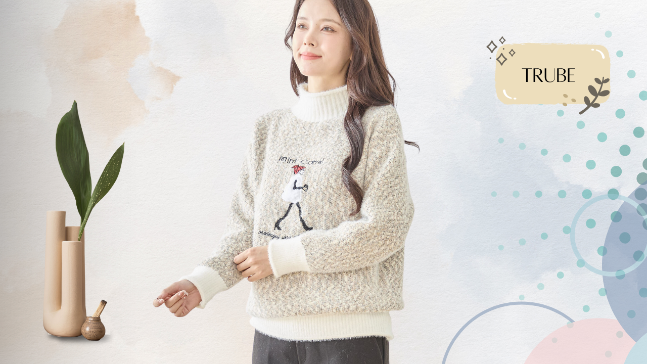 TRUBE【2025新作】【M〜L】ウォーキングガール刺繍配色ハイネックニット