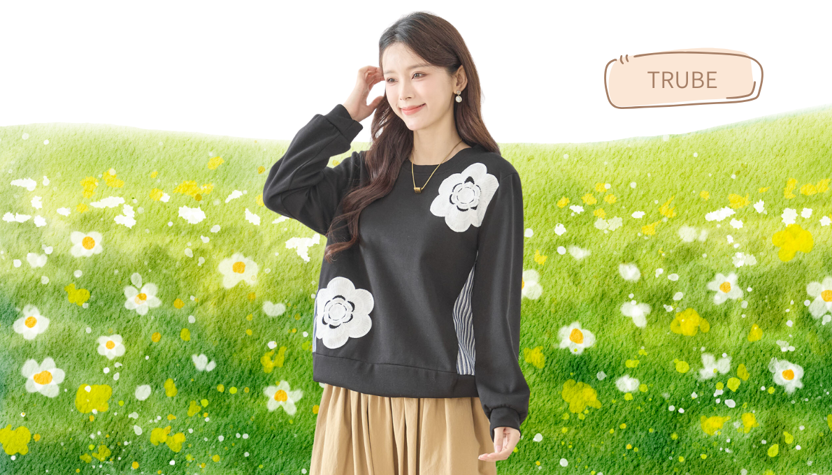 Tシャツ・カットソー フラワーモチーフ ストライプ異素材ミックスプルオーバー【M~L】ブラック 春秋