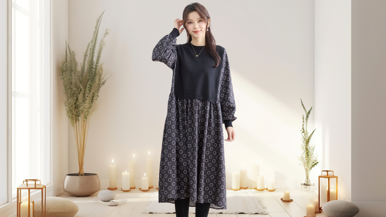 ワンピース 異素材ドッキングサークル柄ワンピース TRUBE 2025新作【L〜LL】