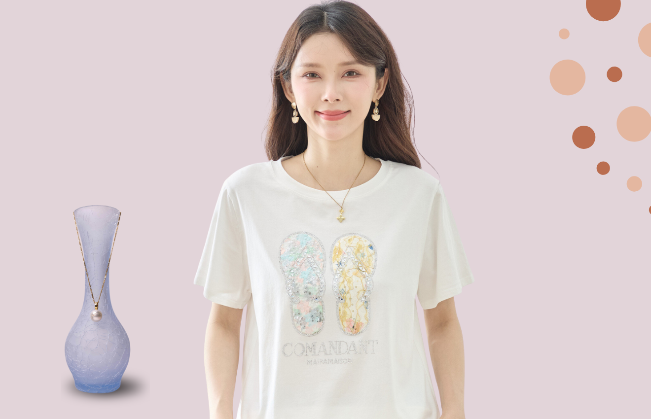 TRUBE 花柄フリップフロップサンダルイラスト半袖Tシャツ【M~L】ホワイト