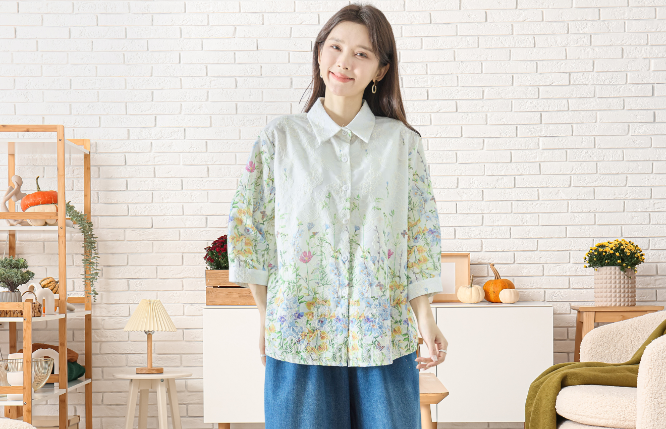 フラワー刺繍7分袖シャツ (L~LL)