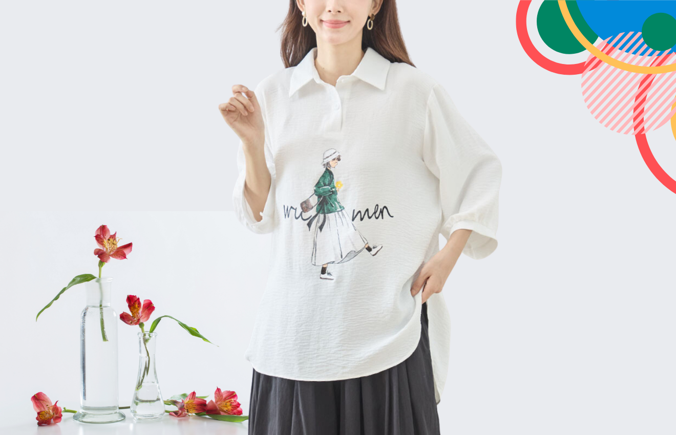 TRUBE ファッションガールイラストスキッパーカラートップス【L~LL】ホワイト