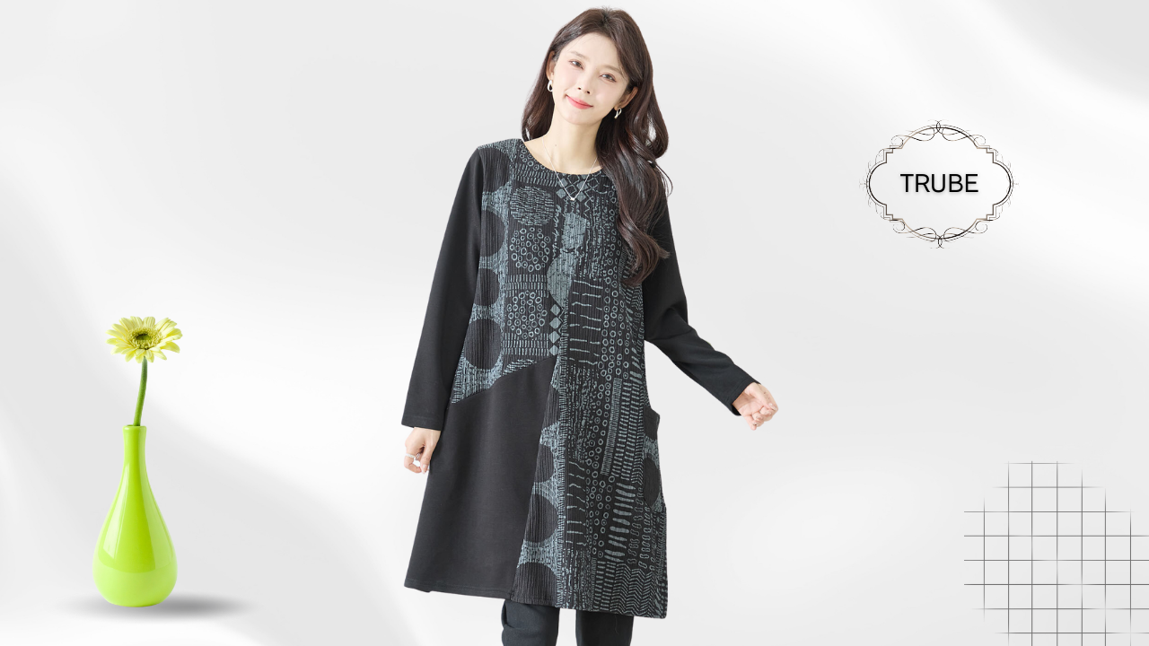 TRUBE【2025新作】【M〜L】モダンアート柄切替チュニックワンピース