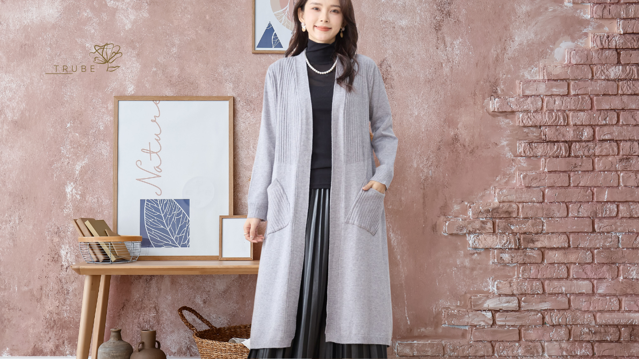 カーディガン リブ切替ロングニットカーディガン グレー TRUBE 2025新作【L〜LL】