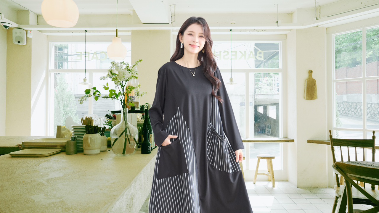 TRUBE【2025新作】【L〜LL】モダンストライプ切替デザインワンピース