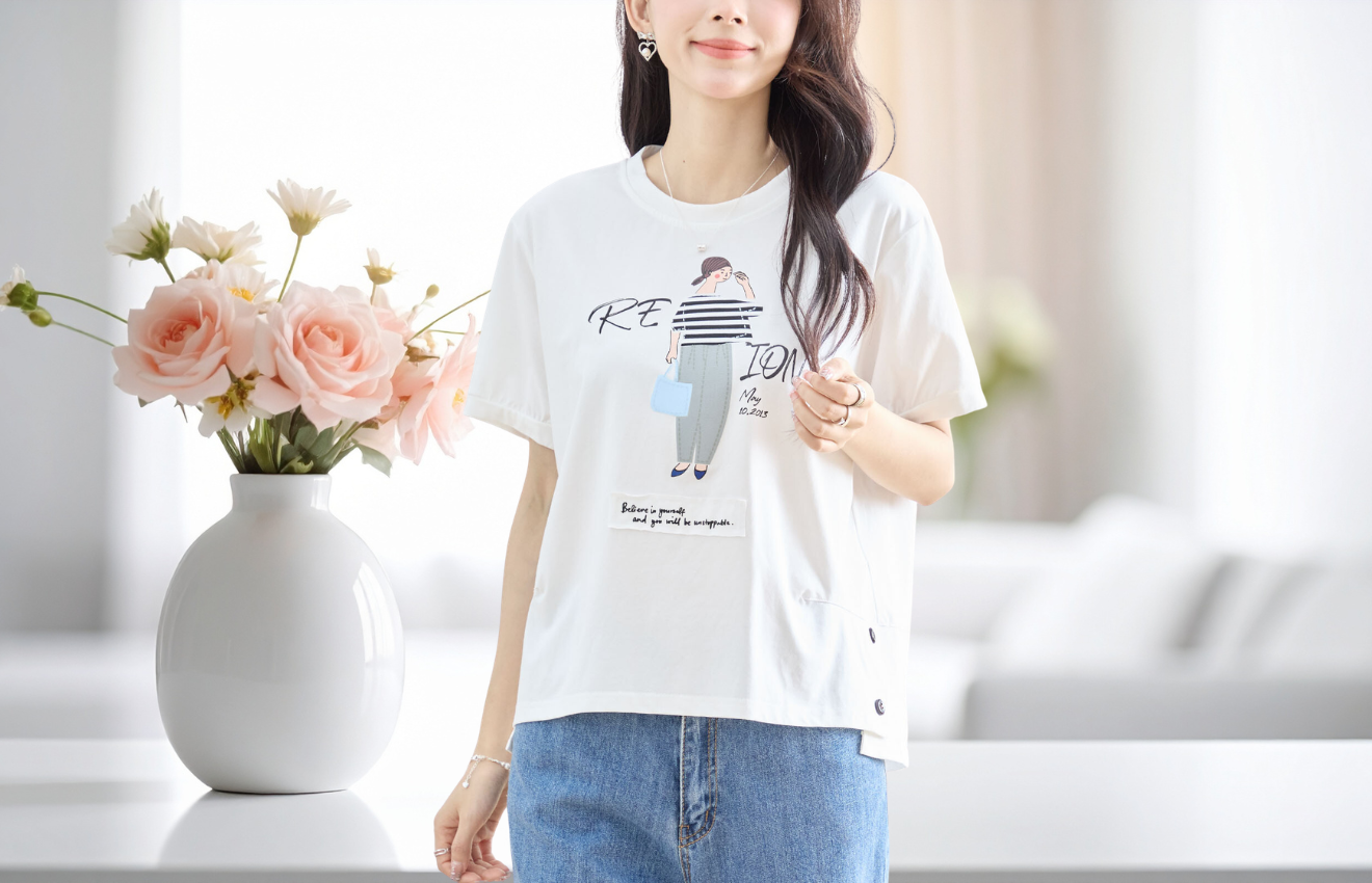 TRUBE ガールグラフィックサイドボタンTシャツ【M~L】ホワイト