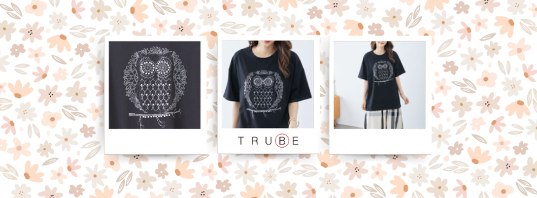 TRUBE【2024新作】【L~LL】パールラインストーンフクロウデザインTシャツのご紹介
