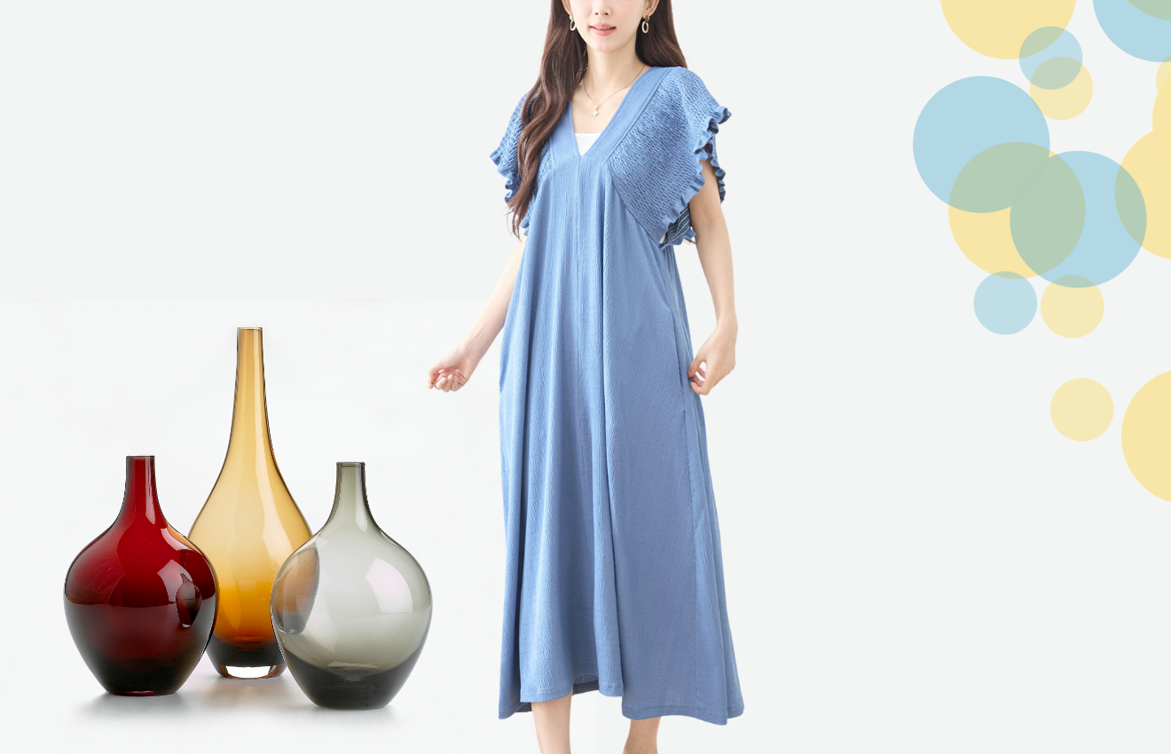 TRUBE フリルシャーリングスリーブVネックロングワンピース【M~L】ブルー