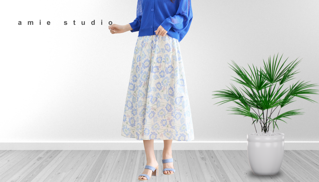 amie studio 【2025新作】【M〜L】ブルーフローラルフレアスカート