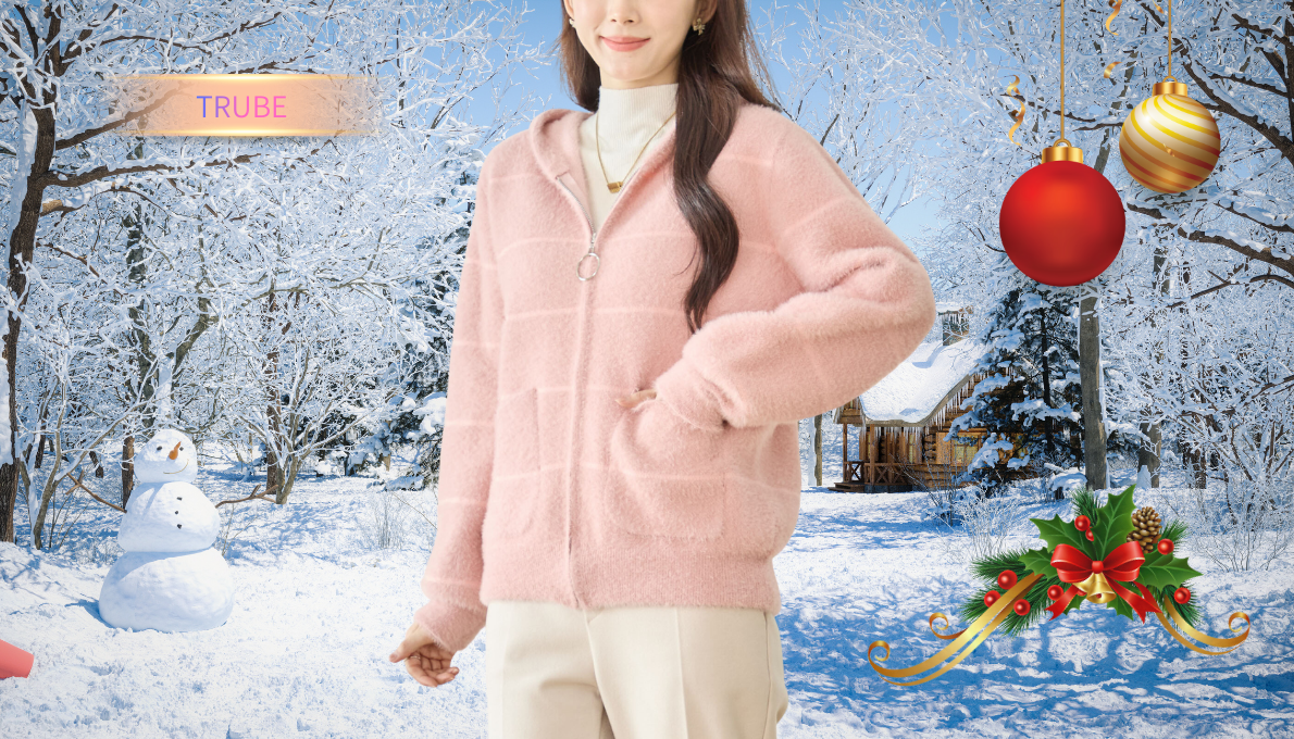 ジャケット フード付きシャギーニット ボーダー柄ジャケット ピンク 【M~L】 2025年新作