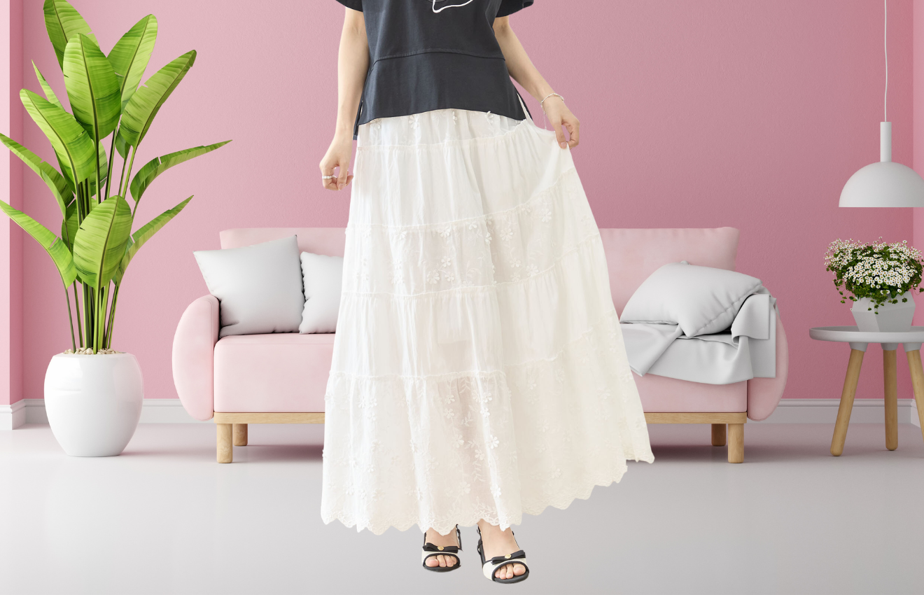 TRUBE フローラル刺繍ティアードマキシスカート【M~L】ホワイト