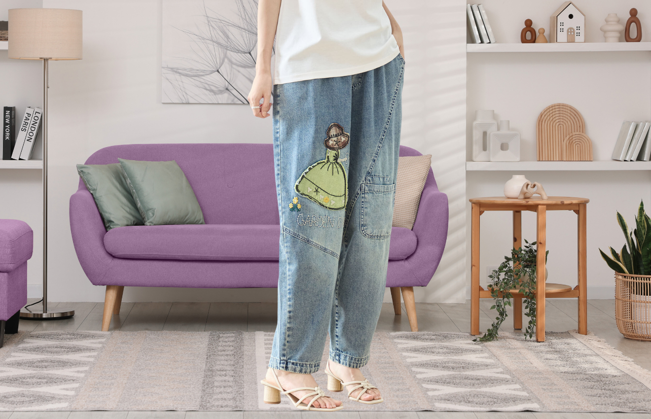 TRUBE ガールアップリケ切替デザインバレルテーパードデニムパンツ【M~L】デニムブルー