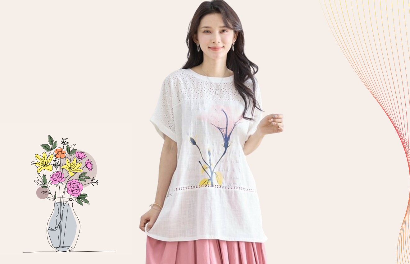 TRUBE レース＆フラワープリントチュニック風Tシャツ【L~LL】ホワイト