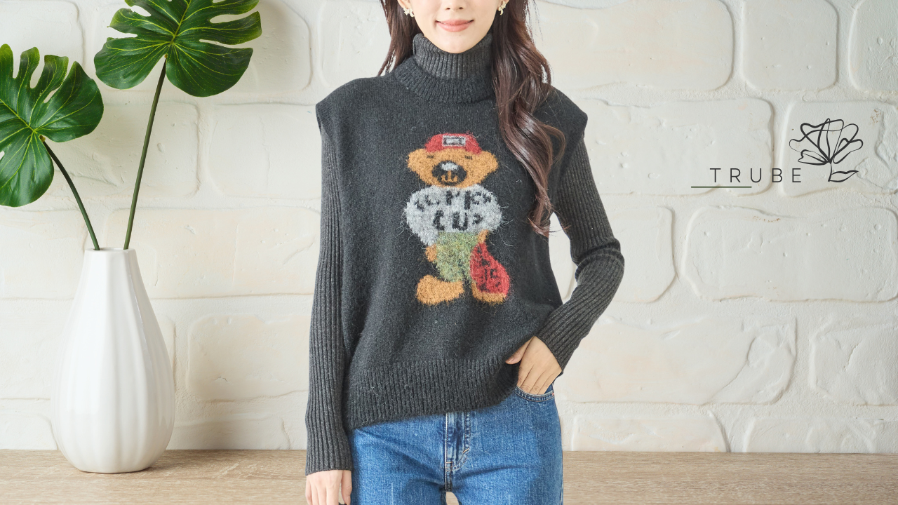 ベスト くまモチーフニットベスト ブラック 2025新作【M〜L】