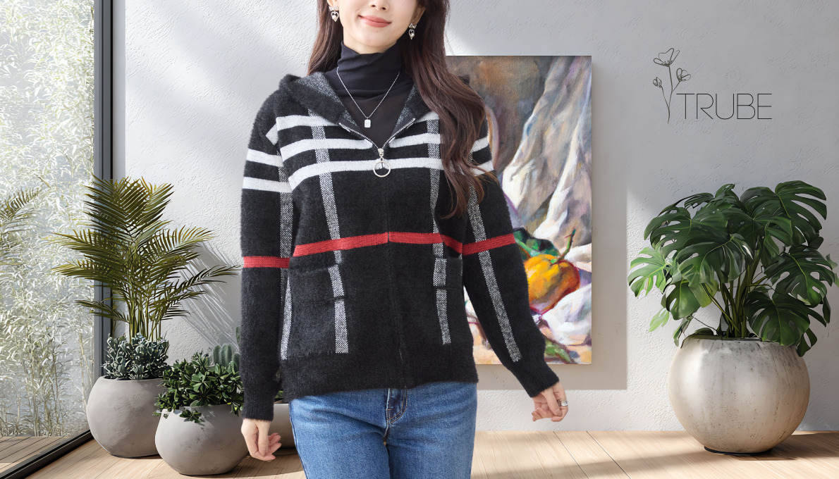 ジャケット チェック柄フードデザインシャギーニットジャケット ブラック【M~L】TRUBE 2025
