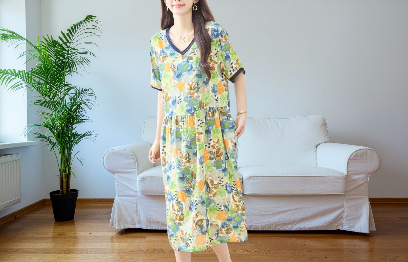 TRUBE 水彩フラワープリントワンピース【M~L】ブルー