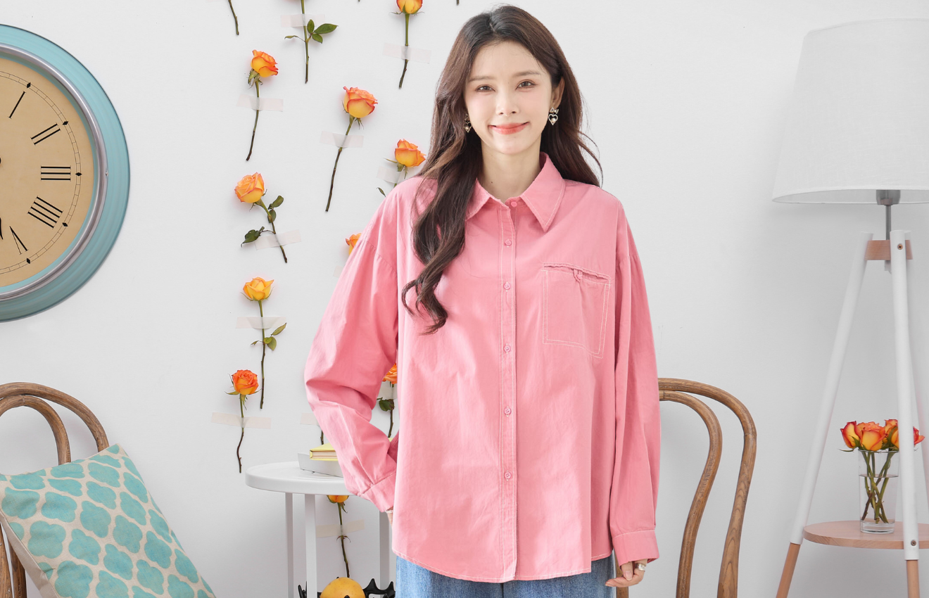 カラーシャツ　TRUBE カジュアル胸ポケット付きカラーシャツ(M~L) ピンク