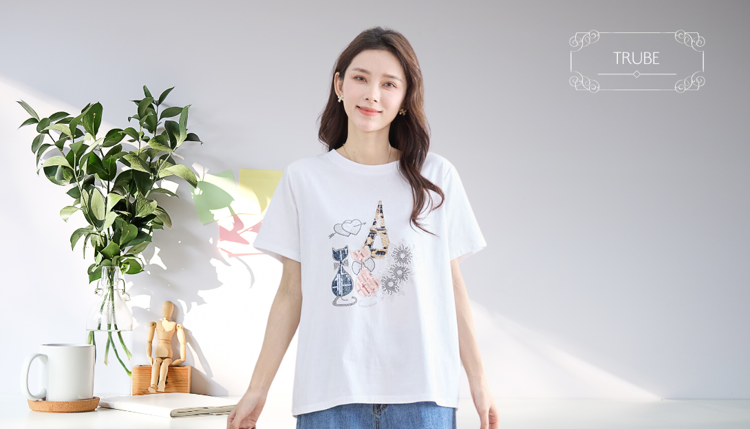 TRUBE【2025新作】【M〜L】ロマンティックキャットデコレーションTシャツ ホワイト