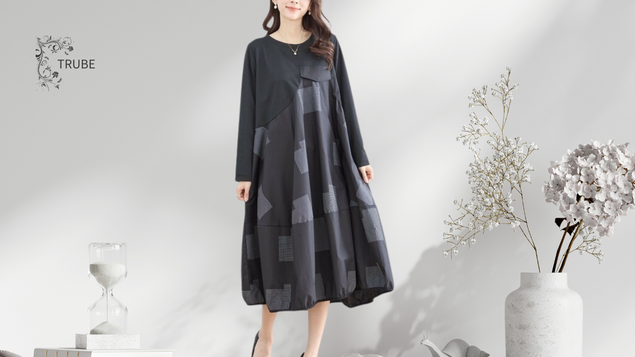 TRUBE【2025新作】【長袖】【L〜LL】スクエア柄デザイン切り替えバルーンワンピース