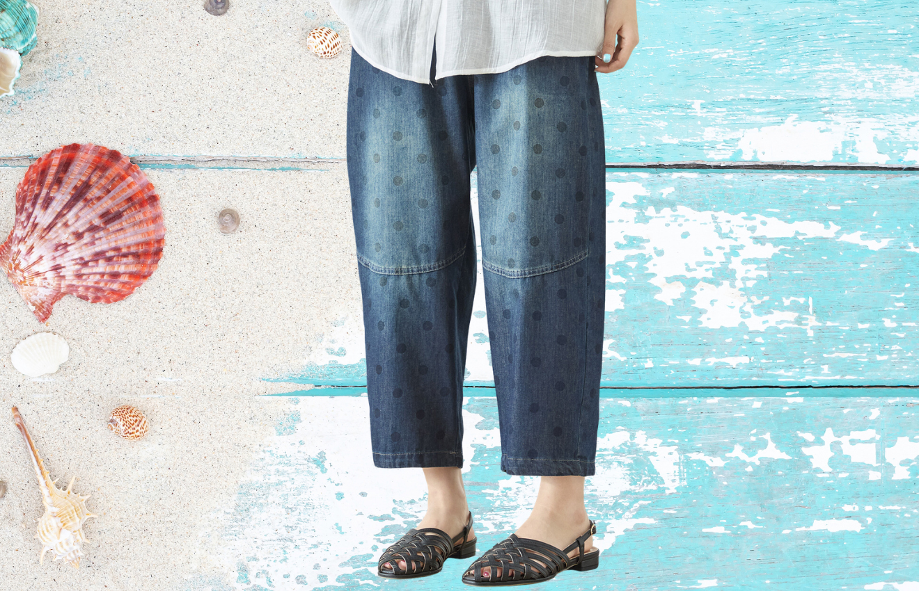 TRUBE ドットプリント切替デニムバギークロップドパンツ【M~L】ネイビー