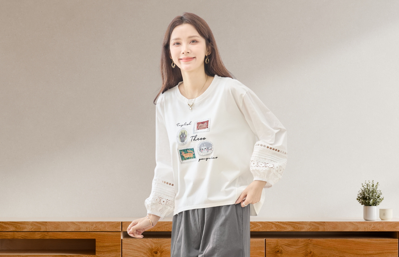 TRUBE 手描き風猫イラスト&レース切替袖Tシャツ【L~LL】ホワイト