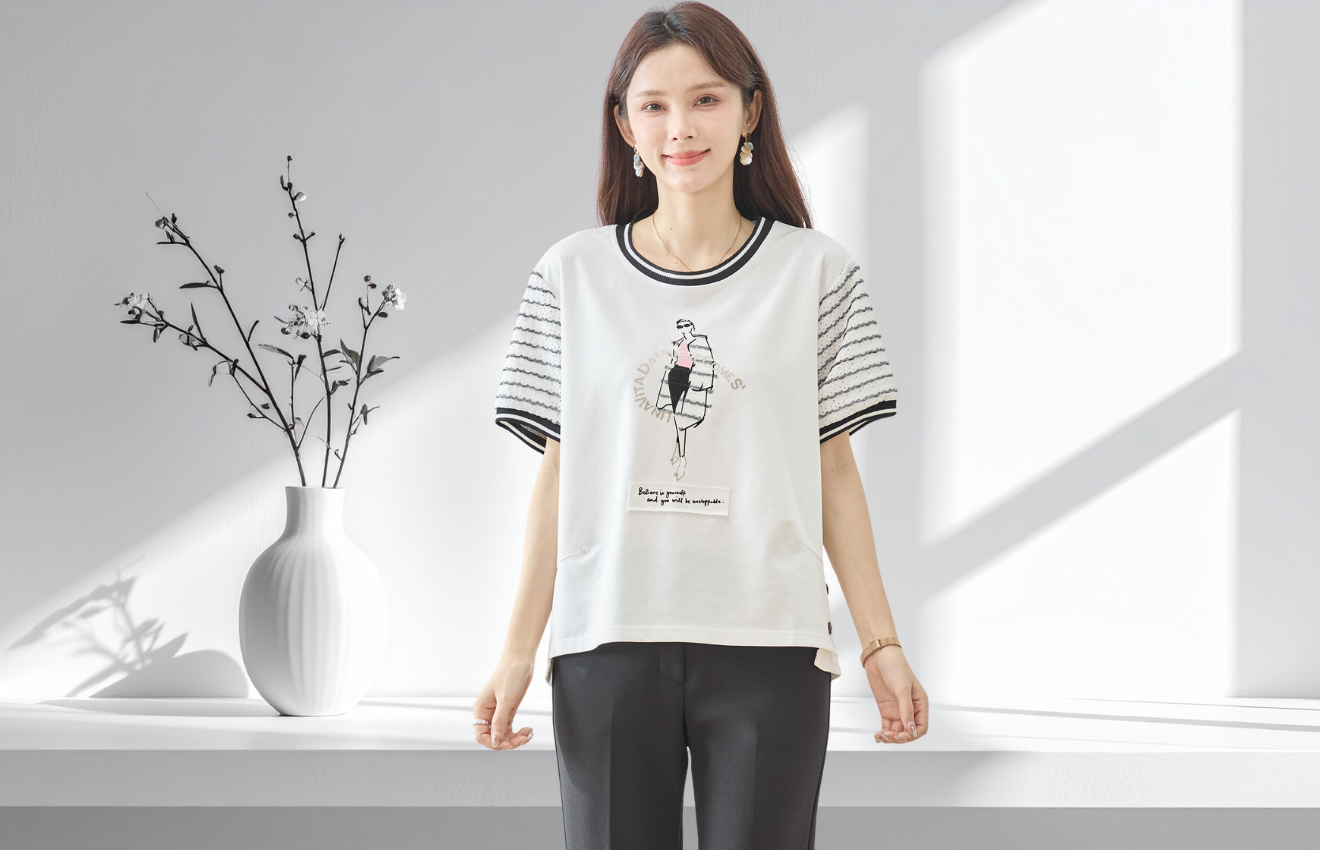 TRUBE レディースイラストボーダー袖Tシャツ【M~L】ホワイト