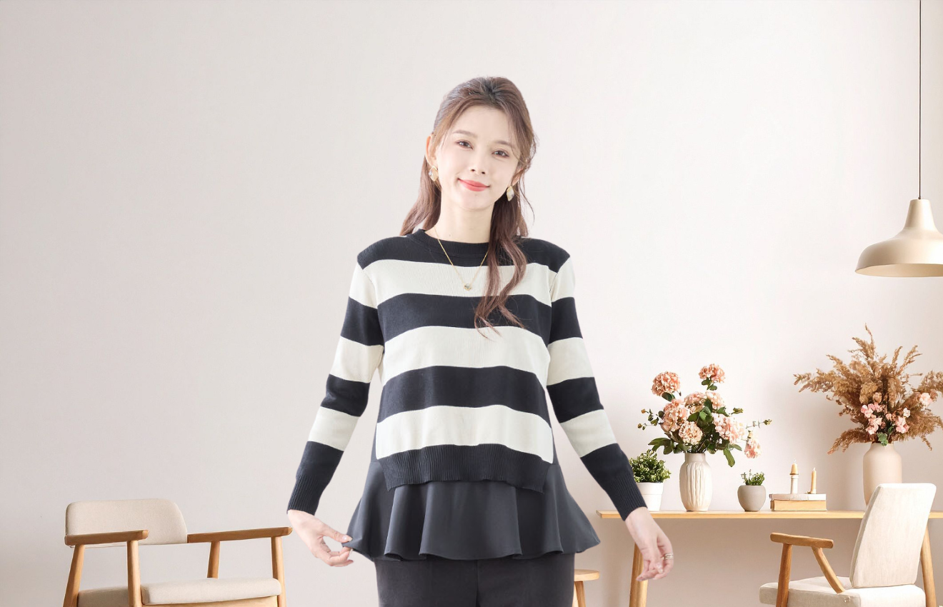 2点セット　太ボーダー背割れデザインニットセーターx裾フリルタンクトップ「M~L」ブラック