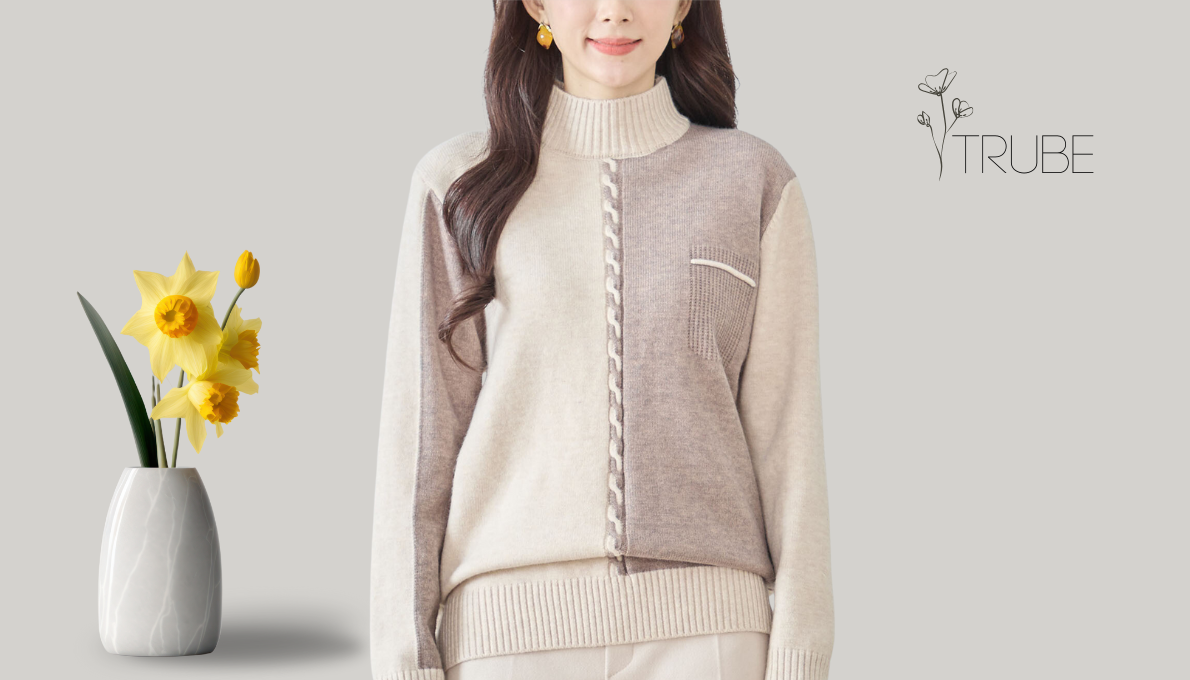 セーター ダミーポケット付き 配色切替ハイネックプルオーバー ベージュ 【M~L】
