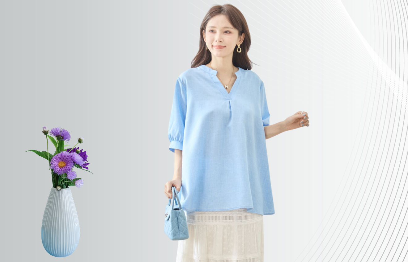 TRUBE Vネックバックボタンチュニック【M~L】サックスブルー