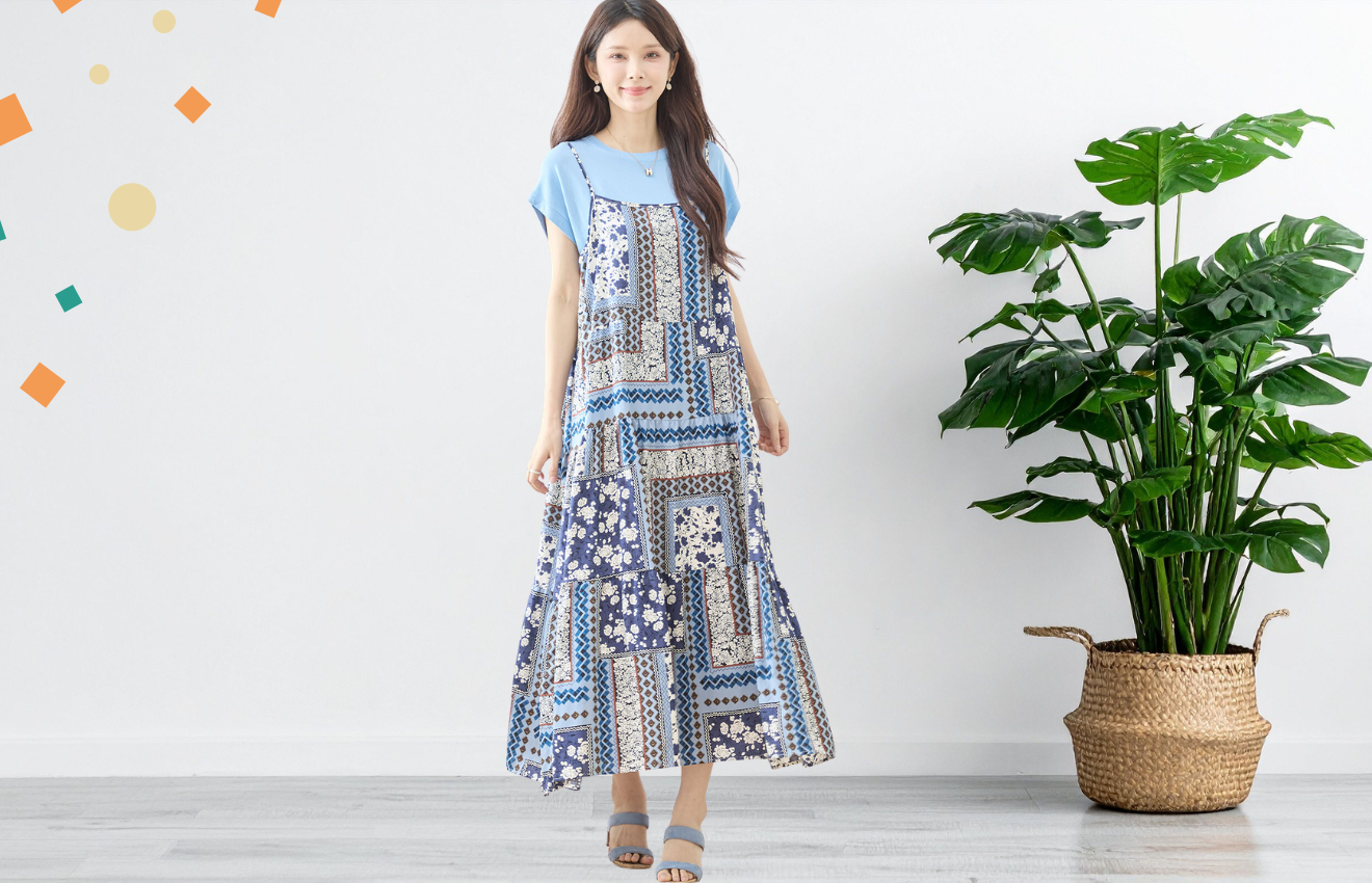 TRUBE エスニックパッチワークティアードキャミマキシワンピース【M~L】ネイビー