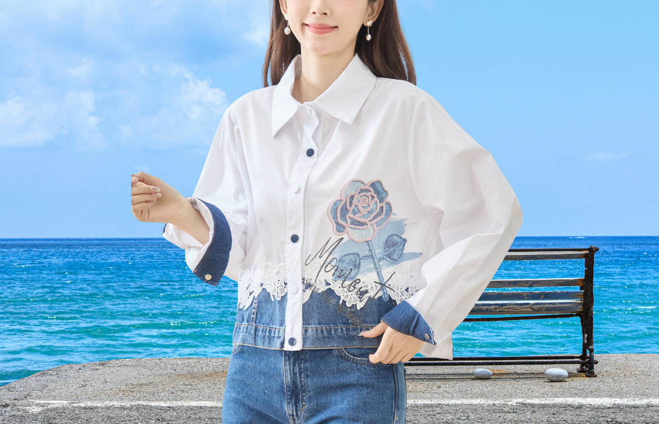 TRUBE ローズプリントデニムヘムクロップドシャツ【M~L】ホワイト