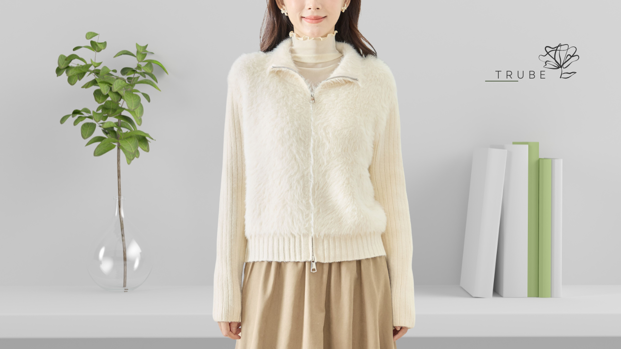 ブルゾン フェイクファーニットブルゾン レディース M~L 2025 秋冬 ベージュ