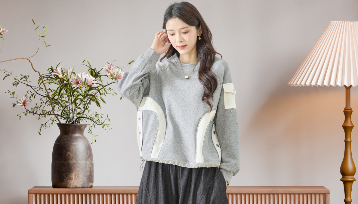 スウェット 異素材ミックス ラインデザイン スウェット 【L~LL】グレー 春秋冬