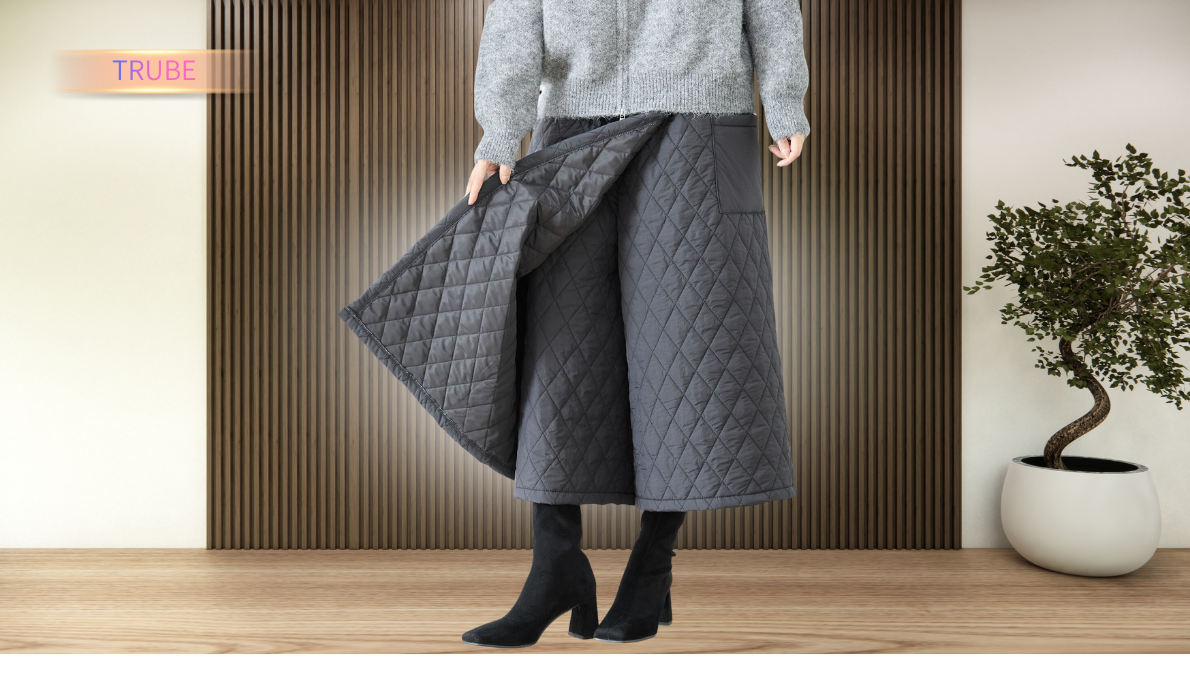 パンツ キルティング 巻スカート風 ワイドパンツ ブラック 【M~L】