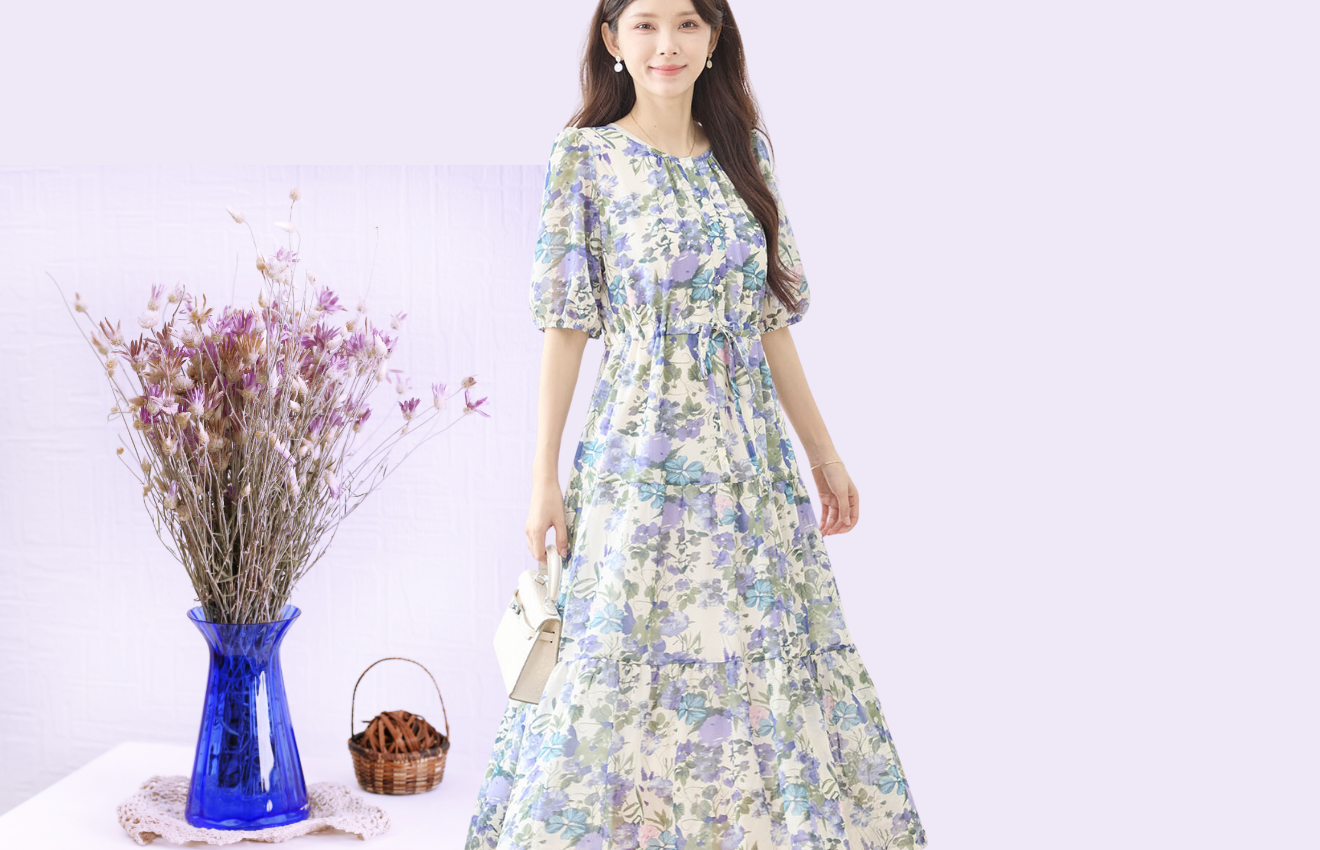 TRUBE ウエストリボンシフォン花柄マキシワンピース【M~L】アイボリー