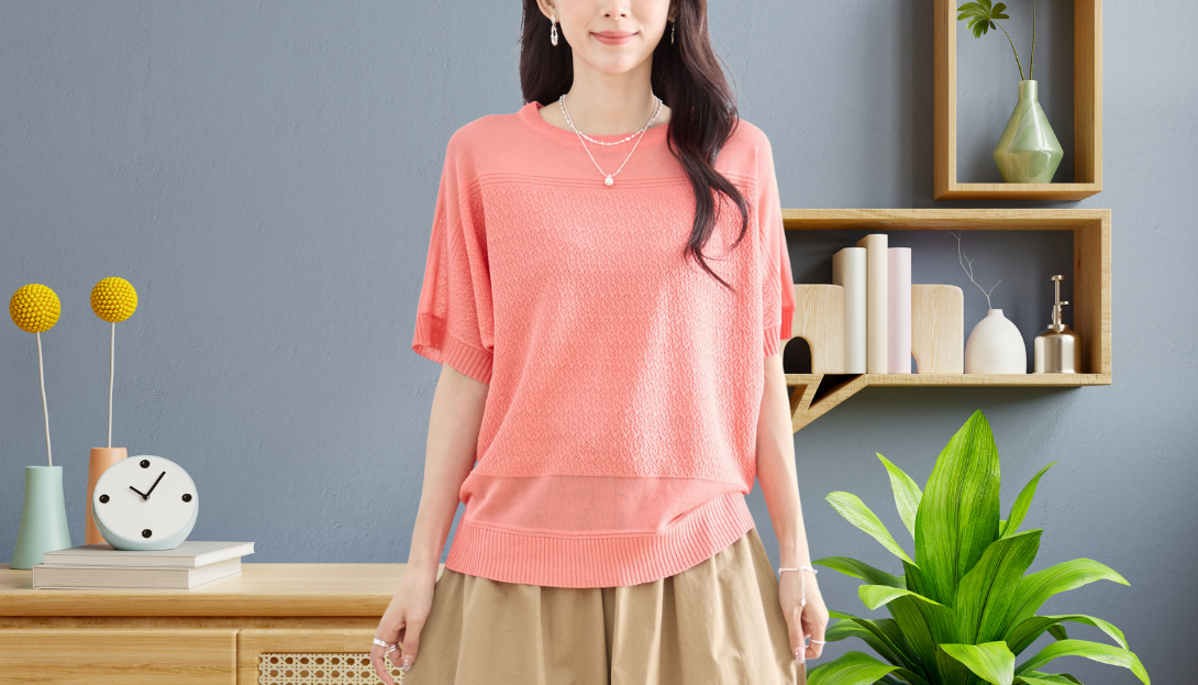 TRUBE【2025新作】【M〜L】シアー切替サマーニットトップス コーラル