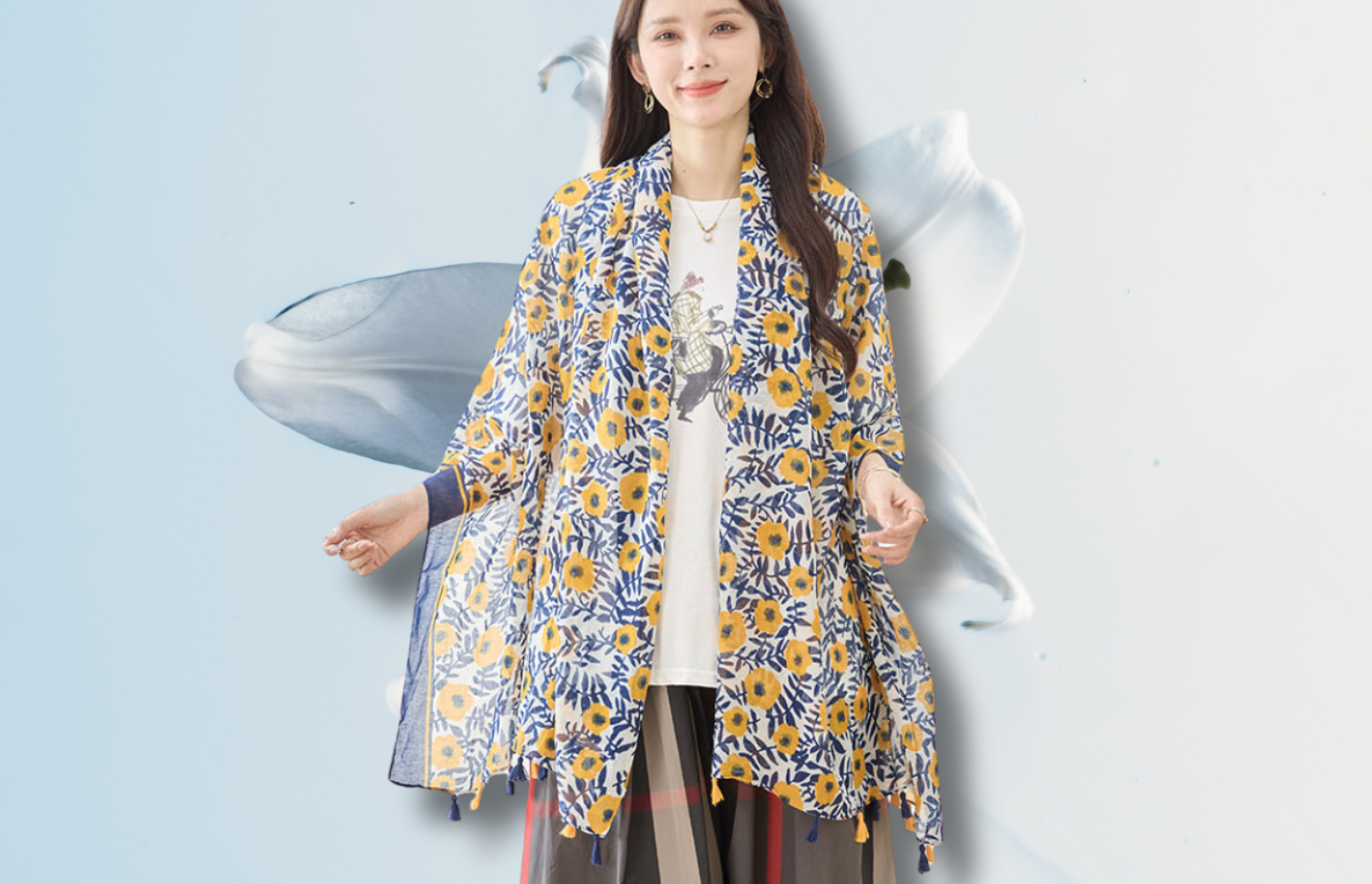 TRUBE プリントタッセル付きストール 175-36ネイビー